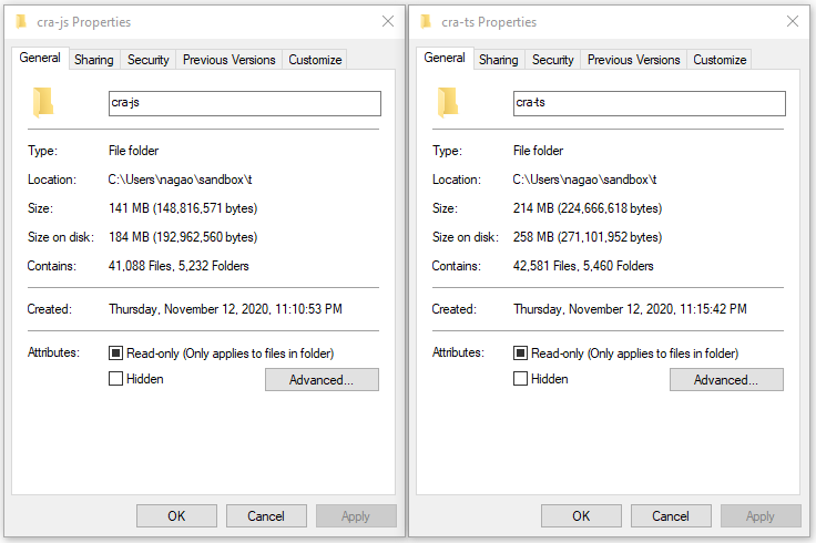 project size comparison between javascript and typescript